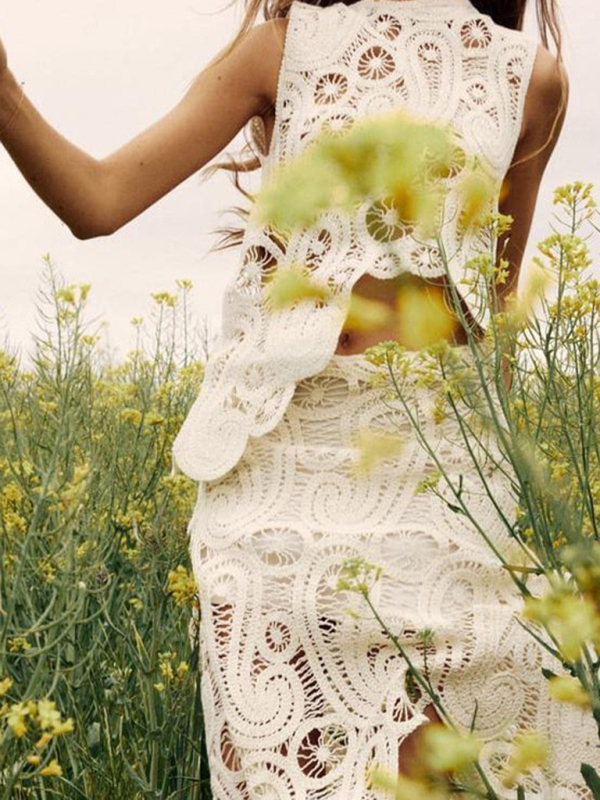 Retro Half-Slit Round Neck Sleeveless Vest + Skirt Set - Image 2