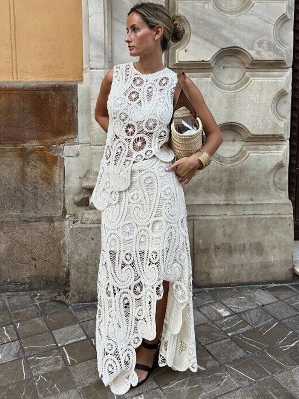 Retro Half-Slit Round Neck Sleeveless Vest + Skirt Set - Image 3