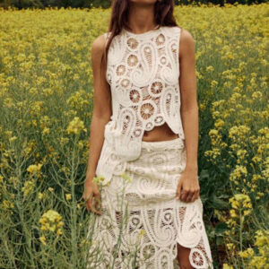 Retro Half-Slit Round Neck Sleeveless Vest + Skirt Set