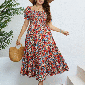 Plus size women's summer floral one-shoulder waist slimming dress
