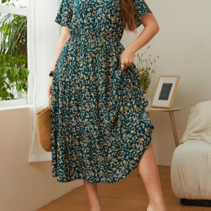Plus size women's casual round neck printed waist dress