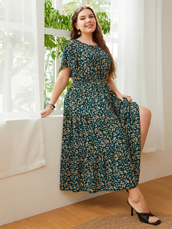 Plus size women's casual round neck printed waist dress - Image 4