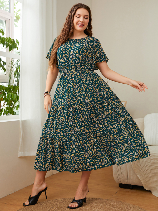 Plus size women's casual round neck printed waist dress - Image 3