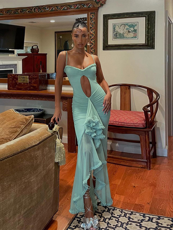 Women's new style hollow solid color slit irregular suspender dress - Image 5