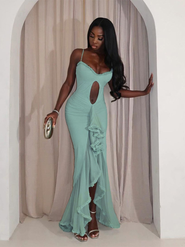 Women's new style hollow solid color slit irregular suspender dress - Image 7