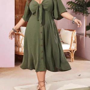Plus size bow V-neck short-sleeved dress