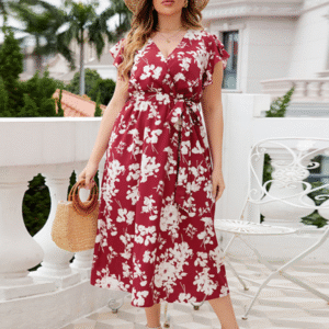 Plus size women's V-neck belted red dress