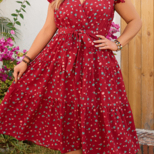 Plus size women's red printed sleeveless lace short-sleeved dress