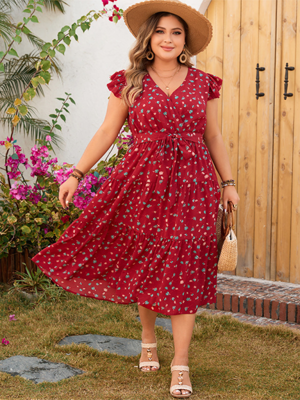 Plus size women's red printed sleeveless lace short-sleeved dress - Image 4