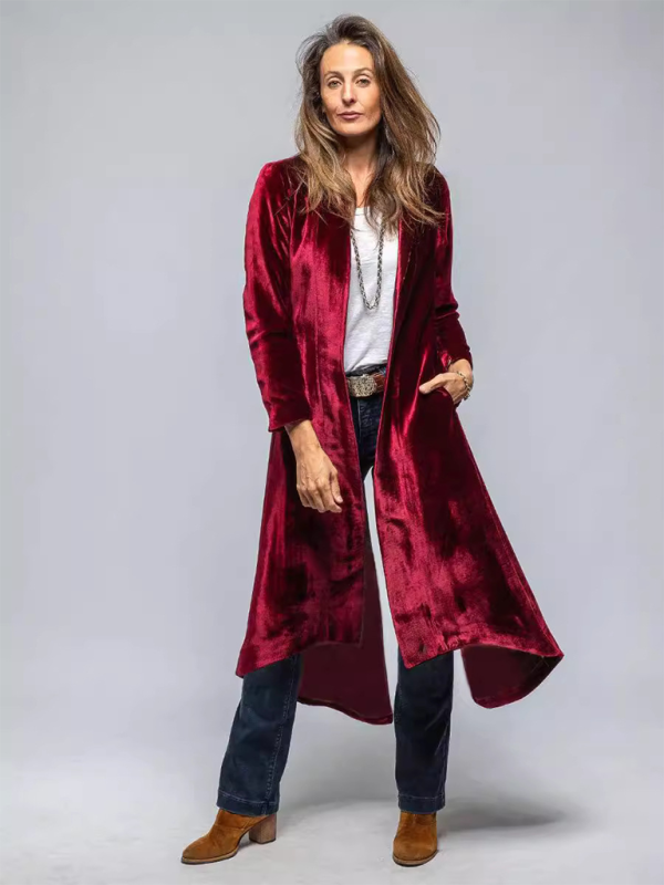 Women's Velvet Long Cardigan Vintage Split Jacket Trench Coat - Image 3