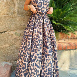Casual Leopard Printed Top + Half Body Skirt Two Piece Set