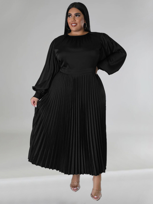 Plus Size Women's Pleated Round Neck Long Sleeve Dress - Image 5