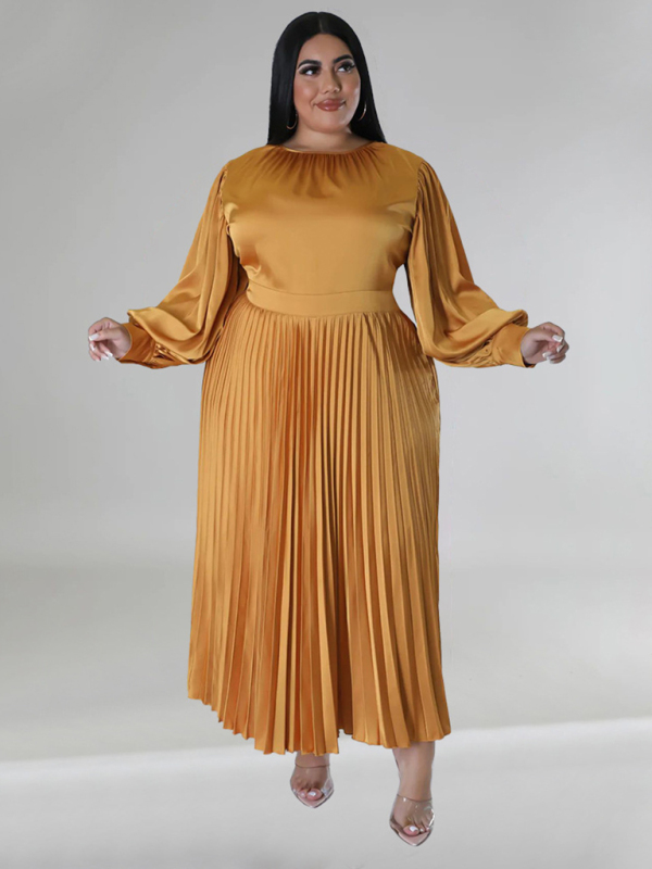 Plus Size Women's Pleated Round Neck Long Sleeve Dress - Image 4