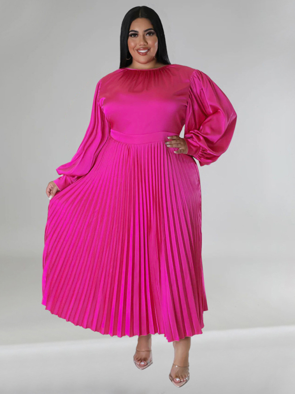Plus Size Women's Pleated Round Neck Long Sleeve Dress - Image 2