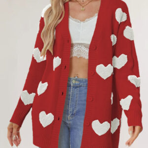 Heart Knitted Midi Jacket V-Neck Cardy