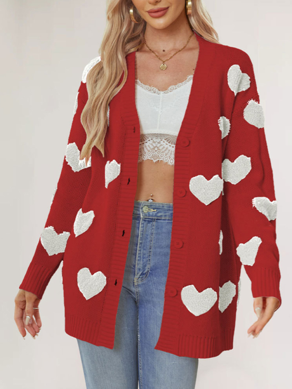 Heart Knitted Midi Jacket V-Neck Cardy