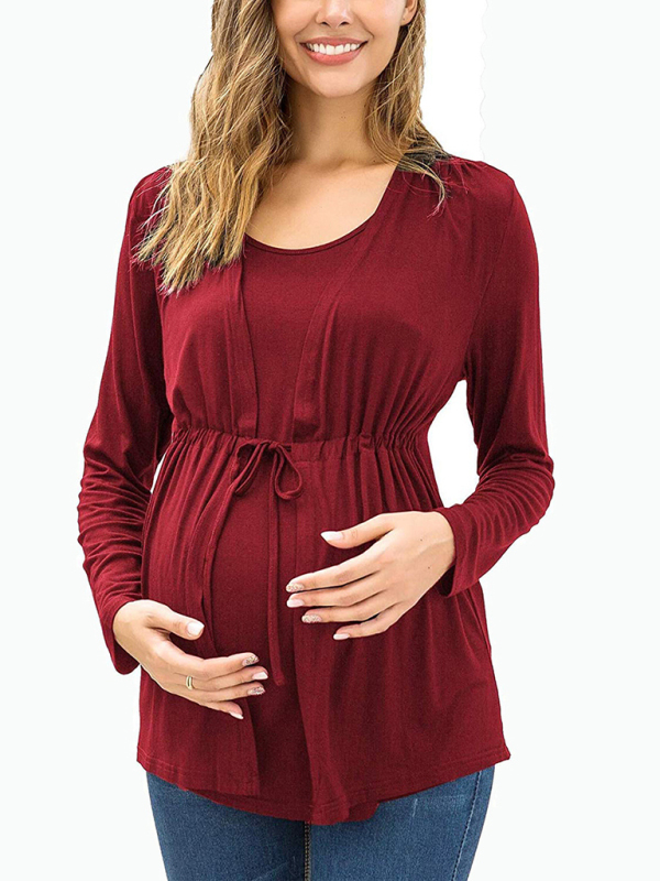 Long Sleeve Tie Breastfeeding Maternity Round Neck Top - Image 3