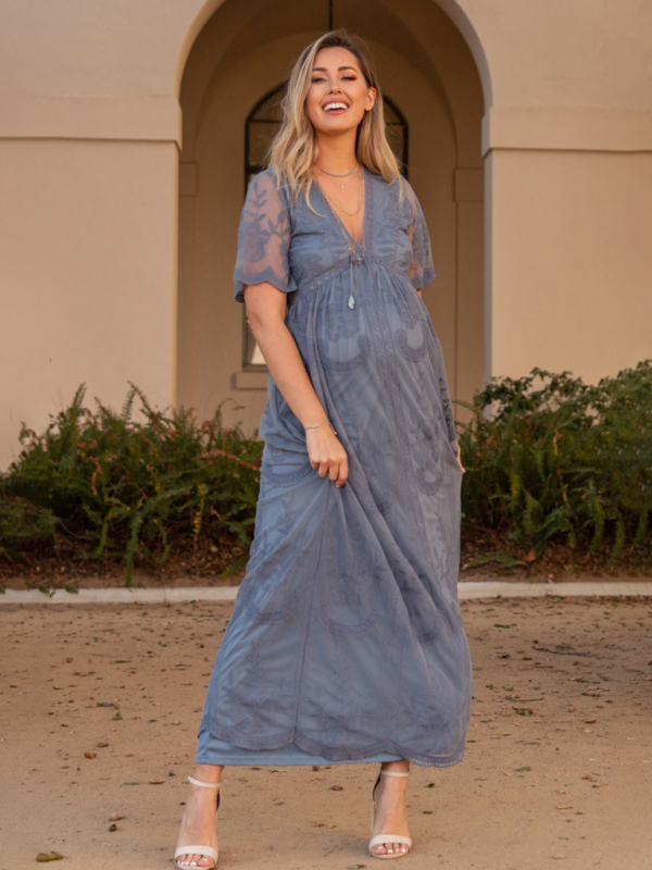 Maternity clothes-Woven short-sleeved V-neck lace long dress - Image 2