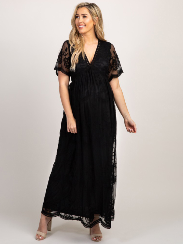 Maternity clothes-Woven short-sleeved V-neck lace long dress - Image 5