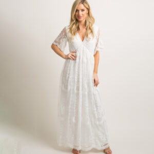 Maternity clothes-Woven short-sleeved V-neck lace long dress