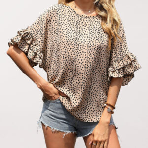 Woven Round Neck Leopard Dolman-Sleeve Shirt