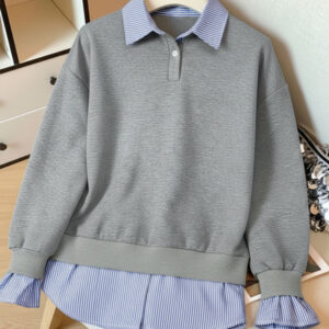 Preppy style collared striped faux two-piece sweatshirt