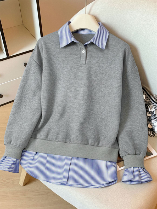 Preppy style collared striped faux two-piece sweatshirt