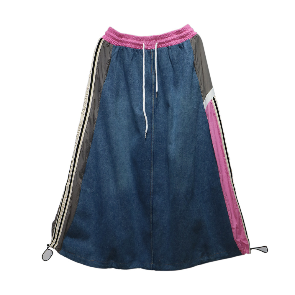 Trendy brand contrasting splicing denim skirt, personalized Hong Kong style loose casual versatile A-line skirt - Image 6
