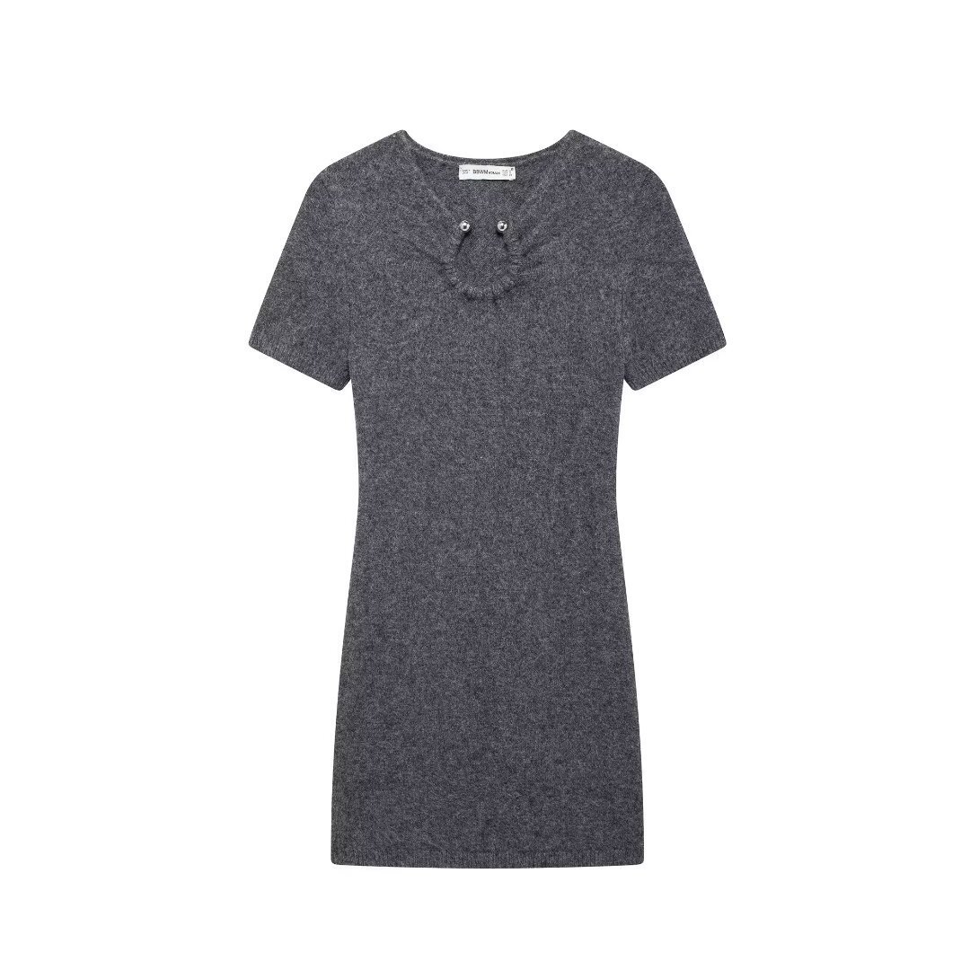 European and American winter new style low neck short sleeved gray knitted slim fit dress for women