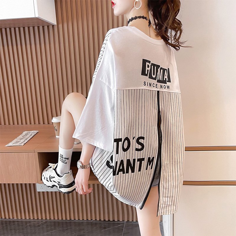 Design zipper stitching short-sleeved T-shirt women's loose top - Image 3