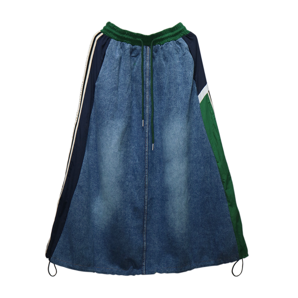 Trendy brand contrasting splicing denim skirt, personalized Hong Kong style loose casual versatile A-line skirt - Image 4
