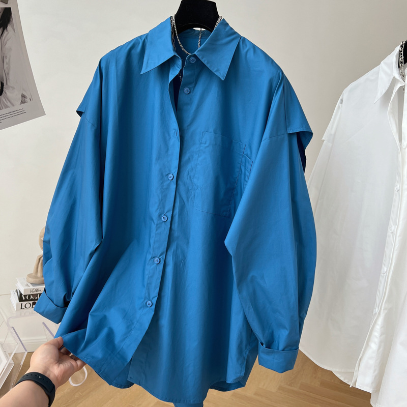 Fashion Back Spliced Shirt For Women Solid Versatile Single Breasted Loose Fake Two Pieces Blouse - Image 6