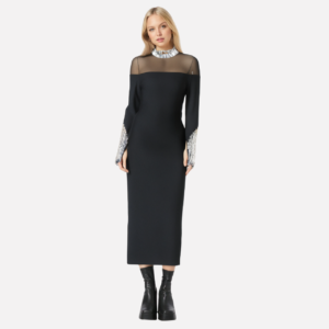 Fashionable and sexy round neck mesh splicing with diamond studded design slimming and elongated dress