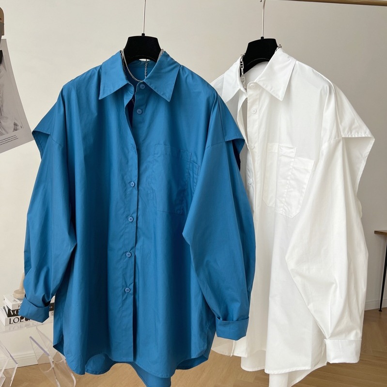 Fashion Back Spliced Shirt For Women Solid Versatile Single Breasted Loose Fake Two Pieces Blouse - Image 7