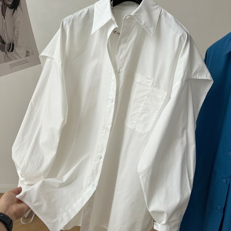 Fashion Back Spliced Shirt For Women Solid Versatile Single Breasted Loose Fake Two Pieces Blouse - Image 4