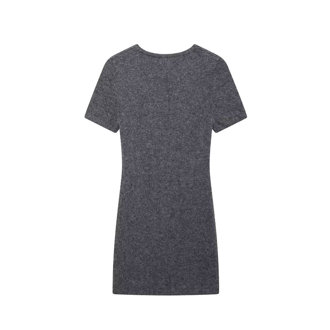 European and American winter new style low neck short sleeved gray knitted slim fit dress for women - Image 5