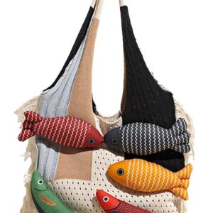 Boho Knit Tote Bag with 3D Fish Applique – Patchwork Shoulder Bag for Women, Beach, Travel & Daily Use – Soft Fringe Design (White)