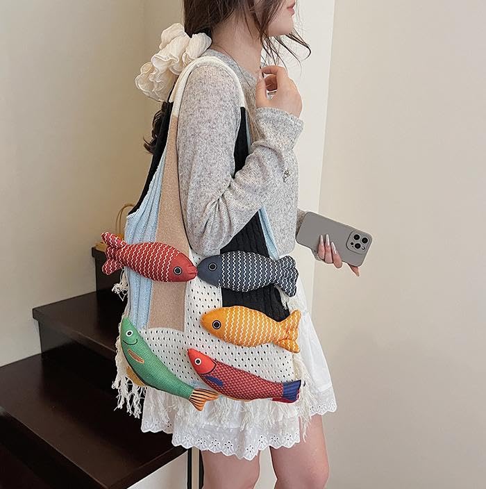 Boho Knit Tote Bag with 3D Fish Applique – Patchwork Shoulder Bag for Women, Beach, Travel & Daily Use – Soft Fringe Design (White) - Image 3