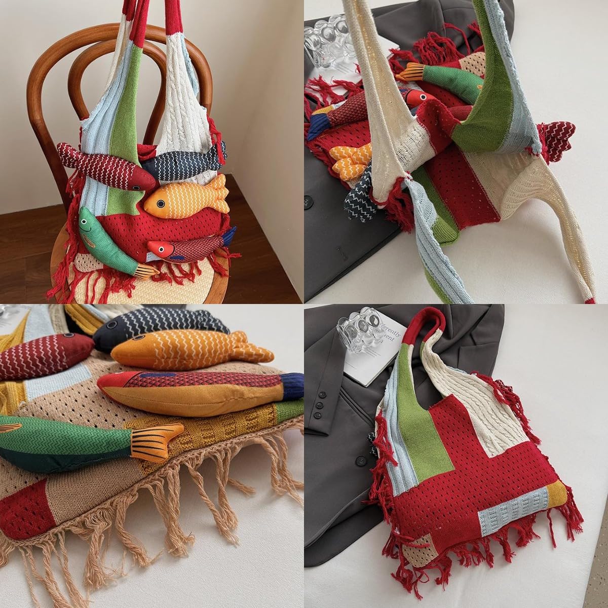 Boho Knit Tote Bag with 3D Fish Applique – Patchwork Shoulder Bag for Women, Beach, Travel & Daily Use – Soft Fringe Design (White) - Image 5