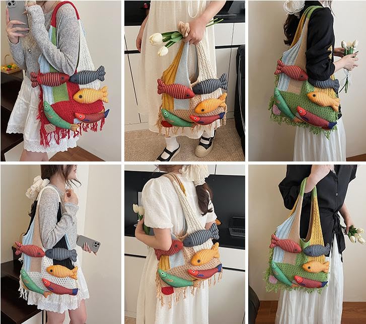 Boho Knit Tote Bag with 3D Fish Applique – Patchwork Shoulder Bag for Women, Beach, Travel & Daily Use – Soft Fringe Design (White) - Image 7