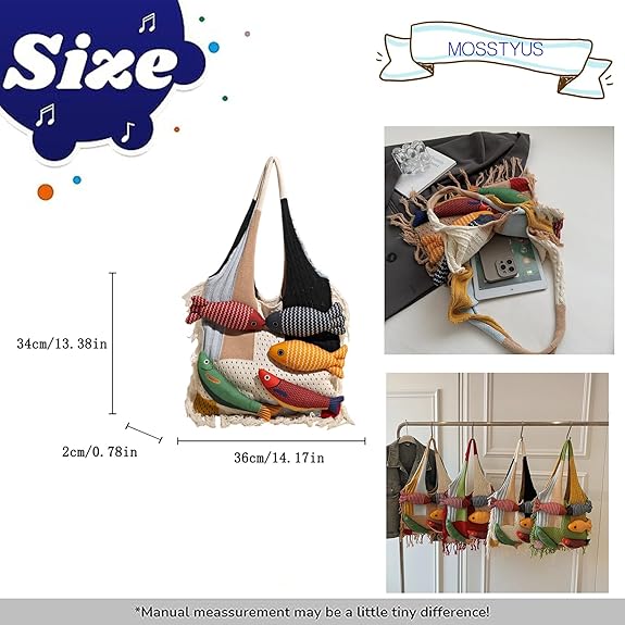 Boho Knit Tote Bag with 3D Fish Applique – Patchwork Shoulder Bag for Women, Beach, Travel & Daily Use – Soft Fringe Design (White) - Image 8
