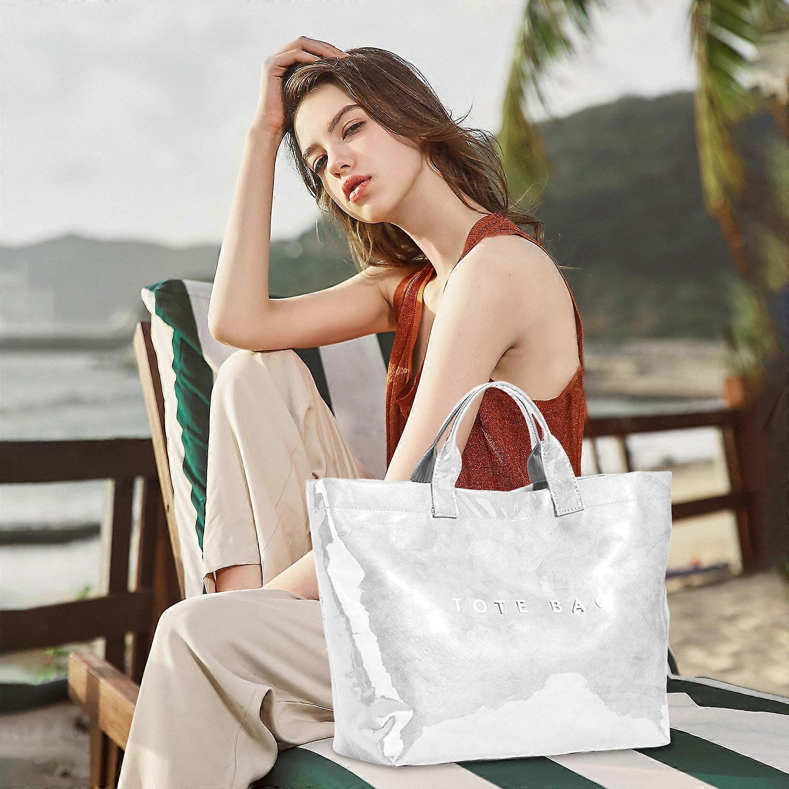 PVC Tote Bag for Women Large Fashion Solid Color Letter Print Tote - Image 2