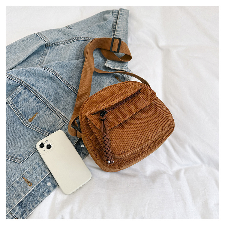 Corduroy Crossbody Bag Mini Messenger Shoulder Purse Adjustable Strap Vintage Style Casual Streetwear Phone Pouch Green - Image 3