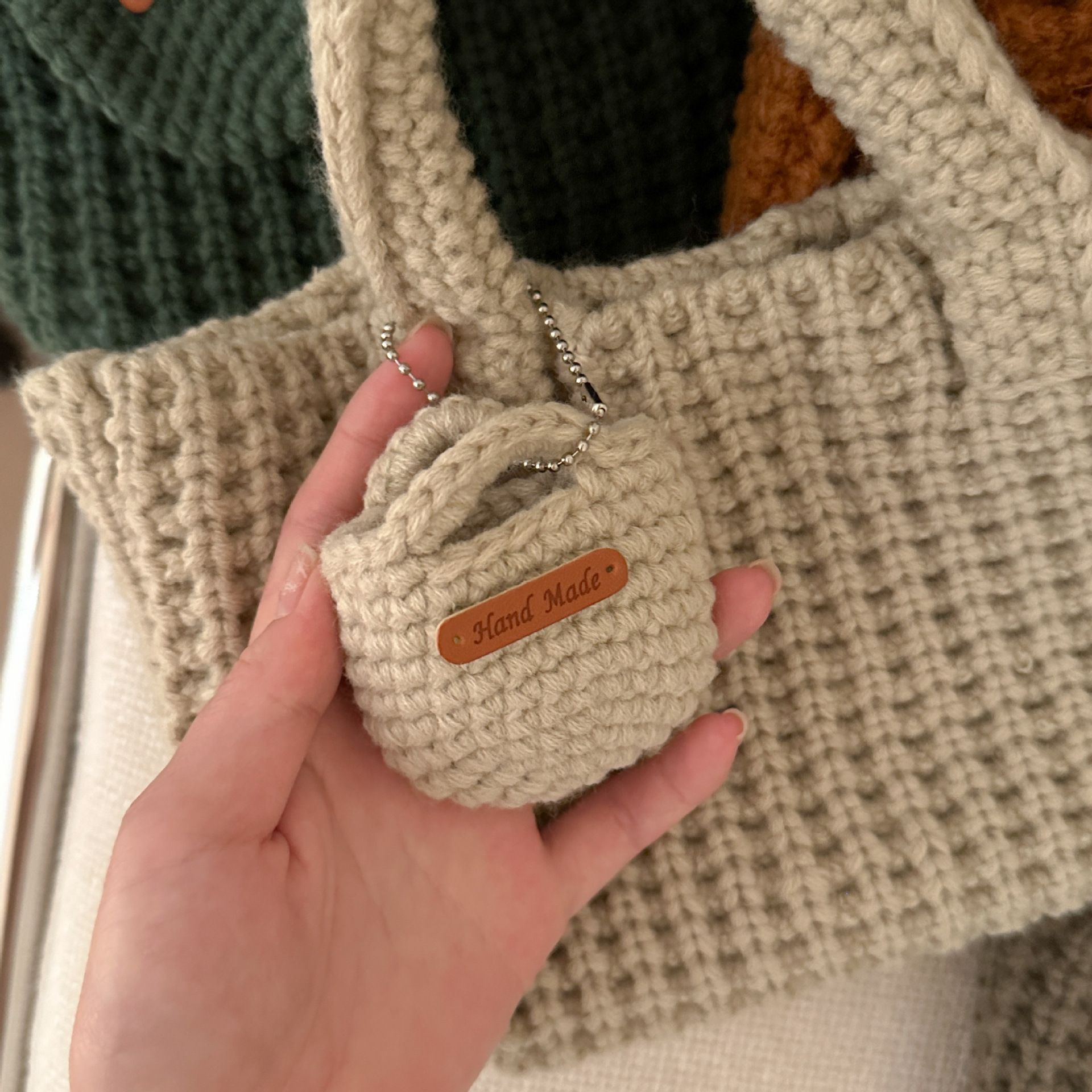 Khaki Handcrafted Crochet Tote Bag – Vintage-Style Woven Cotton-Yarn Look Bag - Image 4