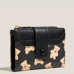 Black Cute Bear Print Bifold Wallet - PU Leather & Polyester Card Holder with Zip Coin Purse & ID Window - Compact Foldable Wallet for Women & Students