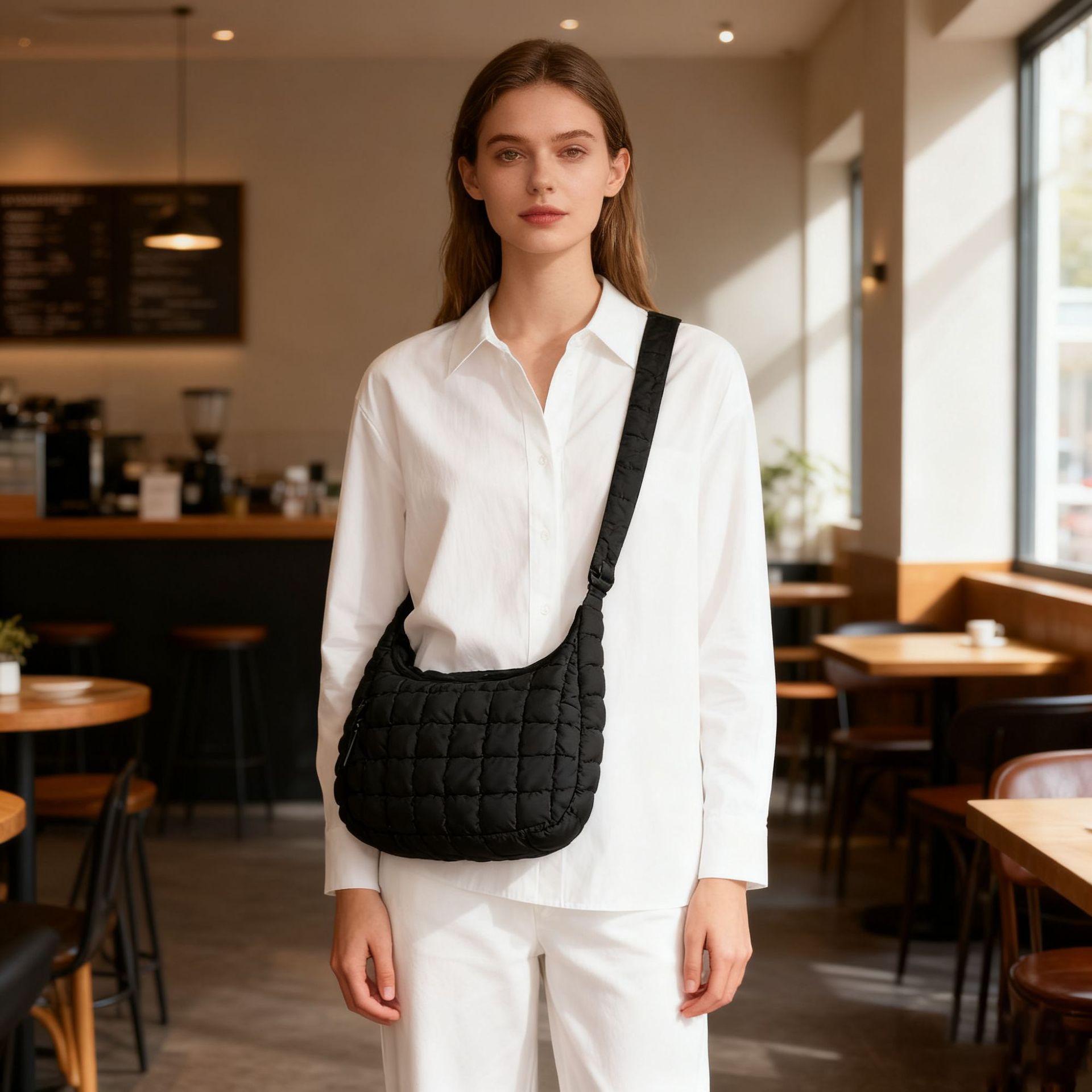 Black Ruched Cloud Shoulder Bag with Puffy Down Cotton Padded Dumpling Shape Lightweight Crossbody Handbag for Local Women Fashionable Daily Essential - Image 3