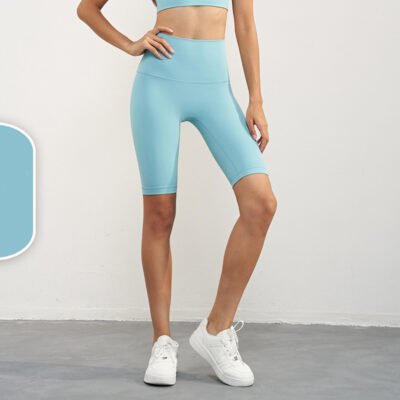 AstonSienna high waisted seamless yoga shorts in aqua with tummy control support and butt lifting sculpting fit