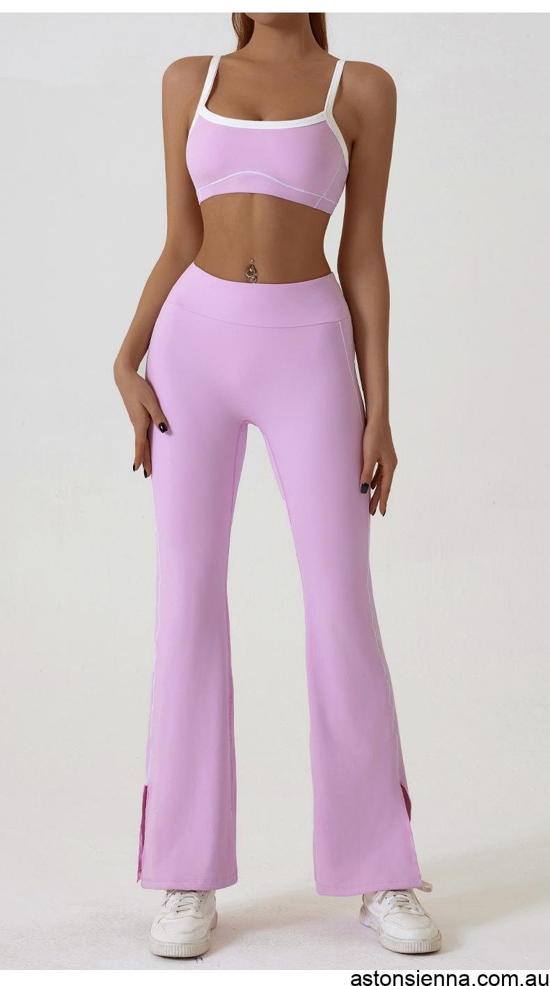 pink flared leggings sports bra set breathable stretchy activewear