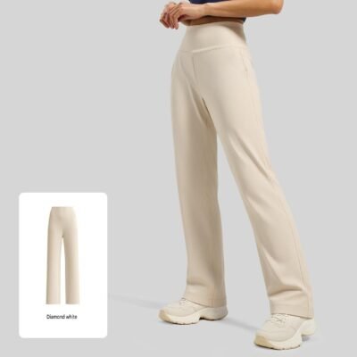 women’s high waisted straight leg yoga pants in white with loose fit and rear waistband pocket