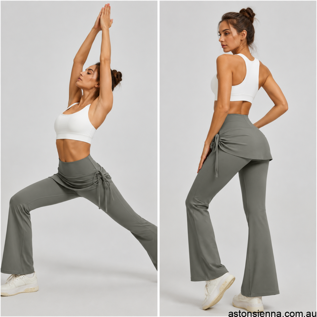 Grey women’s high waist skirted flare yoga pants with adjustable ruched drawstring and bootcut leggings